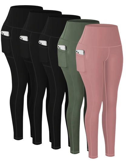 5-Piece Women's Printed Compression Yoga Pants – 7/8 Nine-Point Fitness Running Leggings with Leopard Camo & Solid Patterns, High-Waist Athletic Tracksuit Bottoms for Gym Workout, S-XXL