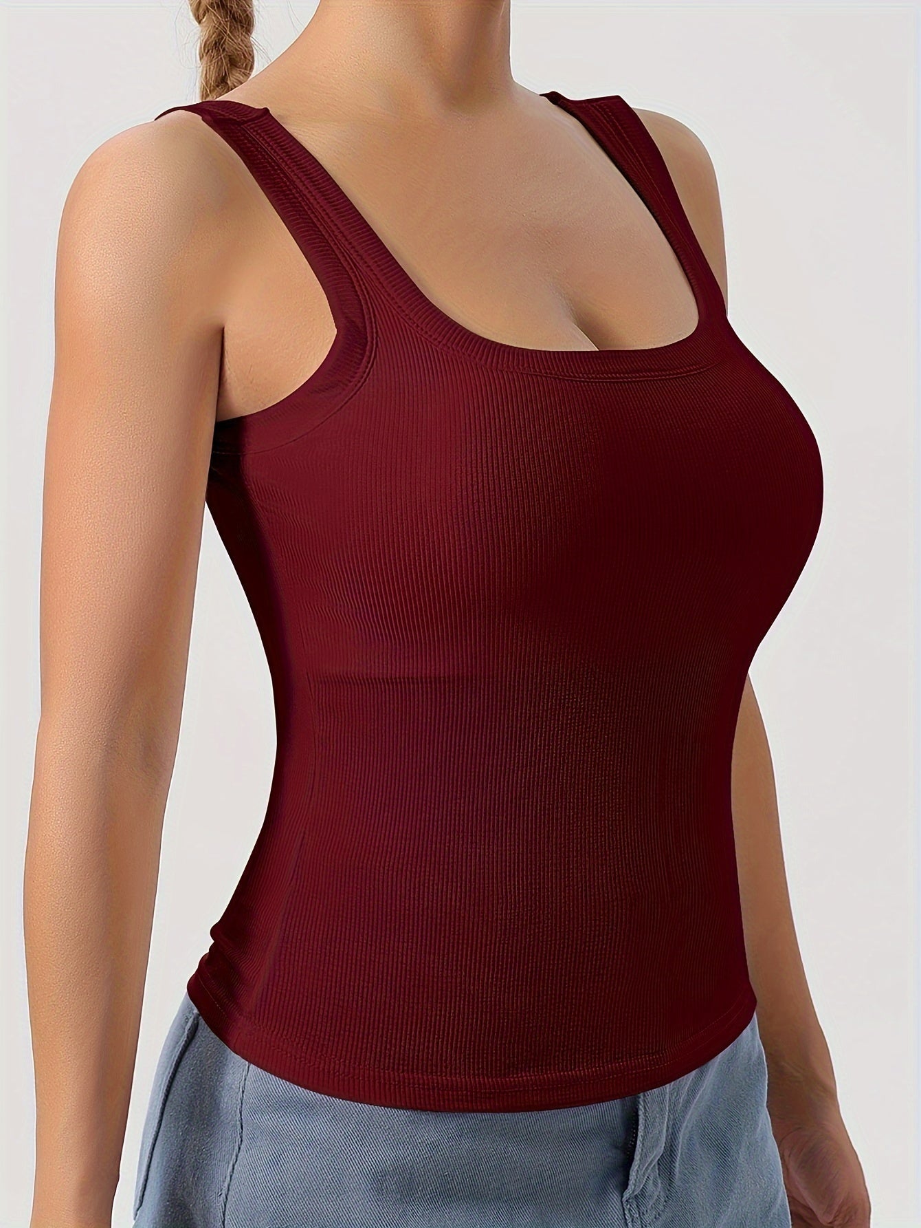 Women's Scoop Neck Tank Top Removable Chest Padding Slim Fit Casual Summer Sleeveless Top 8 Colors XS-XL Built-In Bra