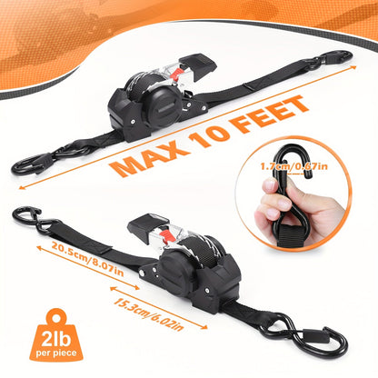 Retractable Ratchet Tie Down Straps 4-Pack Heavy Duty Self-Retracting – 2pcs 10 Ft Auto Cargo Straps for Truck, Trailer, Motorcycle, Moving & Appliances Securing