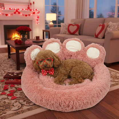Bear Paw Shaped Donut Dog Bed & Cat Bed – Calming Warm Soft Plush Round Pet Mattress with Bonus Pet Scarf S M L XL 2XL Coffee Pink Grey Brown for Small Medium Large Dogs Cats