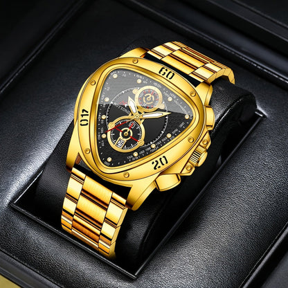 Men's Luxury Quartz Watch Triangular Dial Silicone Band Date Display Chronograph Business Casual Wristwatch 5 Colors