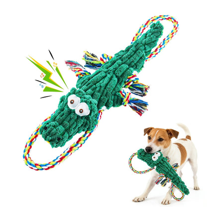 Crocodile Squeaky Dog Chew Toy with Built-In Squeaker – Durable Cotton Rope & Canvas Tug Toy for Small Medium Large Dogs, Teeth Cleaning, Interactive Tug-of-War, Aggressive Chewer Safe