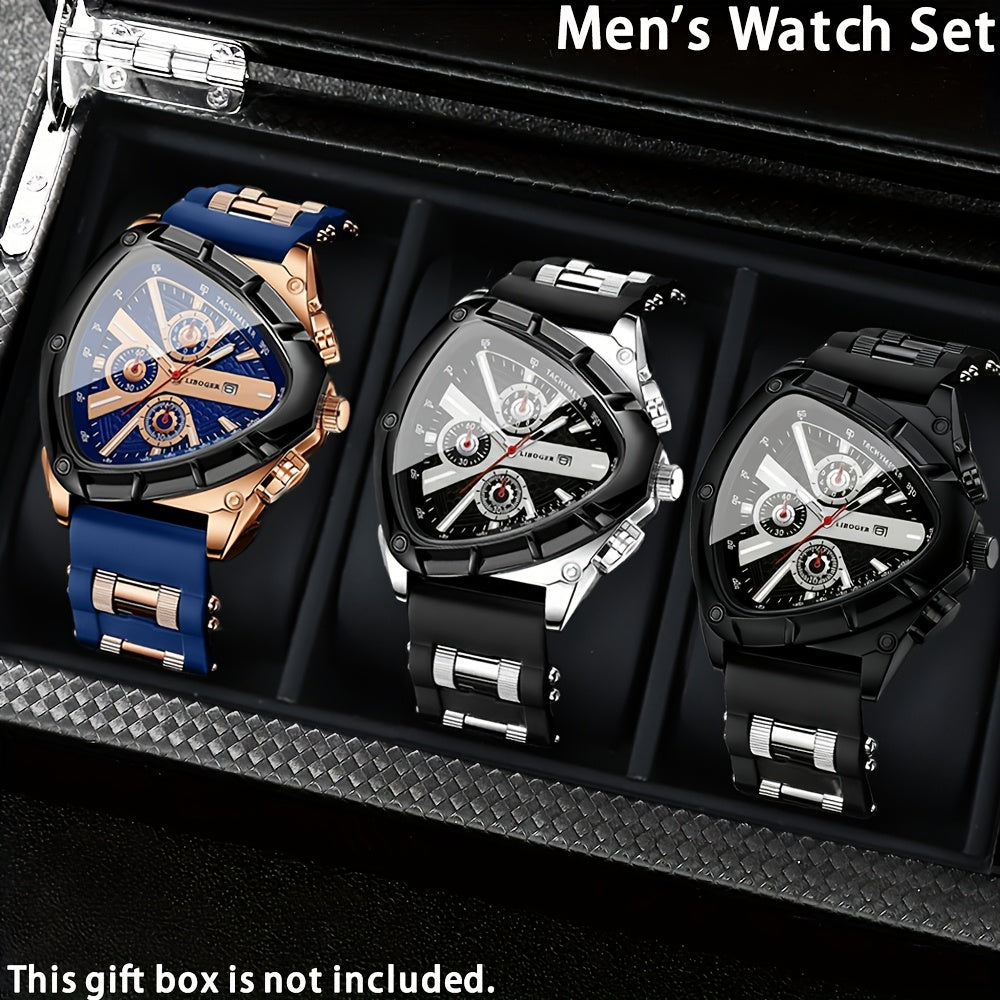 3pcs Men's Quartz Watch Set – Silicone Strap Date Display Triangular Dial, Fashion Sport Casual Wrist Watches for Men, Ideal Birthday Anniversary Gift Set