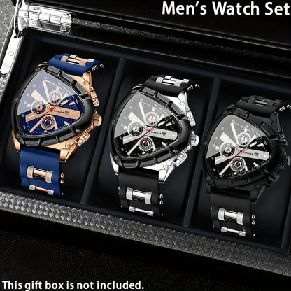 3pcs Men's Quartz Watch Set – Silicone Strap Date Display Triangular Dial, Fashion Sport Casual Wrist Watches for Men, Ideal Birthday Anniversary Gift Set