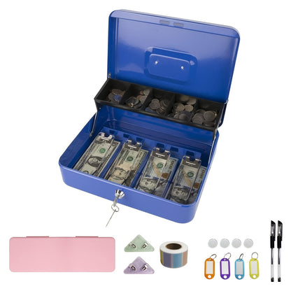 Large Locking Cash Box with Money Tray – Metal Security Box with 6 Accessories for Cash Register, Home, Office & Business, 6 Colors, Key Lock & Combination Lock Options