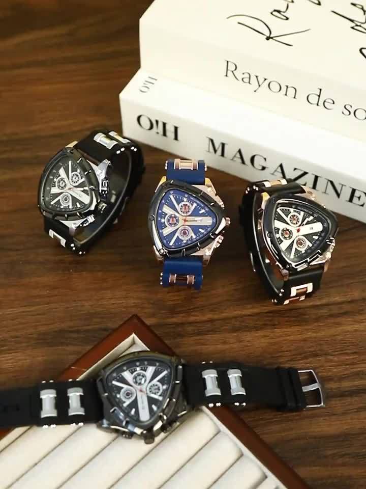 3pcs Men's Quartz Watch Set – Silicone Strap Date Display Triangular Dial, Fashion Sport Casual Wrist Watches for Men, Ideal Birthday Anniversary Gift Set