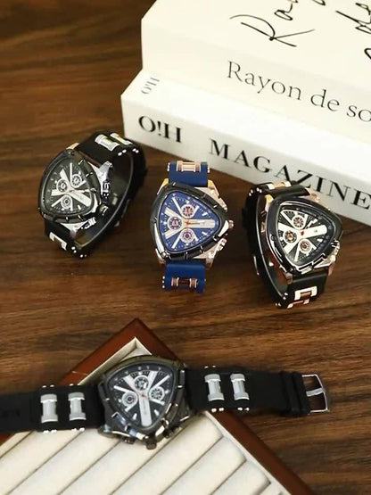 3pcs Men's Quartz Watch Set – Silicone Strap Date Display Triangular Dial, Fashion Sport Casual Wrist Watches for Men, Ideal Birthday Anniversary Gift Set