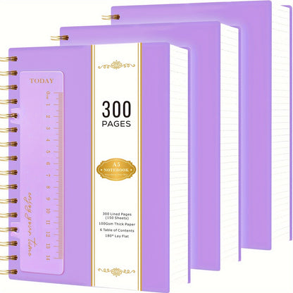 Spiral Notebook 3 Pack A5 Hardcover College Ruled Journal Set, 300 Pages 100GSM Thick Paper, PVC Cover Notepad for Women Girls Students, 5.7" x 8.4" with Ruler