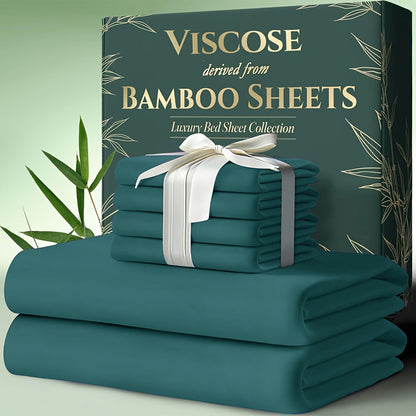 Cooling Bamboo Bed Sheets Set 6-Piece Ultra Soft 17 Inch Deep Pocket Double Stitching Cooling Fiber for Hot Sleepers – Twin Full Queen King in 16 Colors
