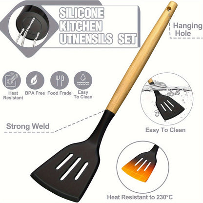34-Piece Silicone Kitchen Utensils Set with Holder Wooden Handles | Heat Resistant Nonstick Safe Cooking Tools | Spatula Spoon Ladle Tongs Whisk | Khaki Black Gray | Father's Day Housewarming Gift