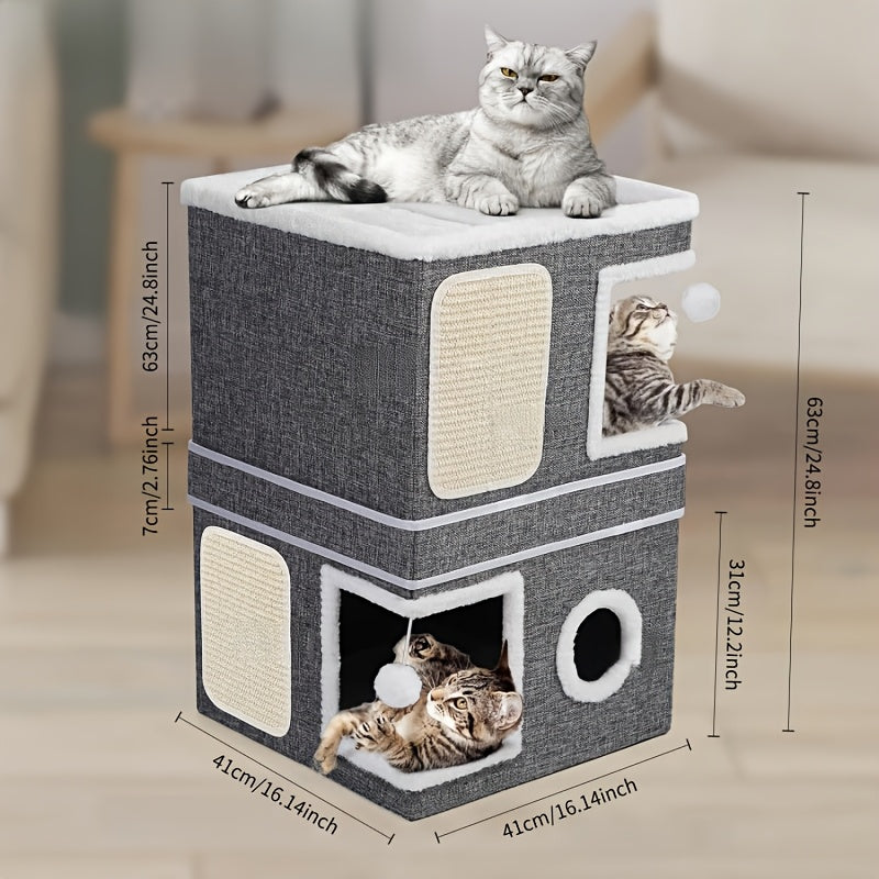 Foldable 2-Tier Cat House with Scratching Post, Plush Hanging Ball & Tunnel – Indoor Cat Cube Bed, Nylon Frame Canvas Construction, Space-Saving 16.5x16.5x13 Inch Design for Small Spaces