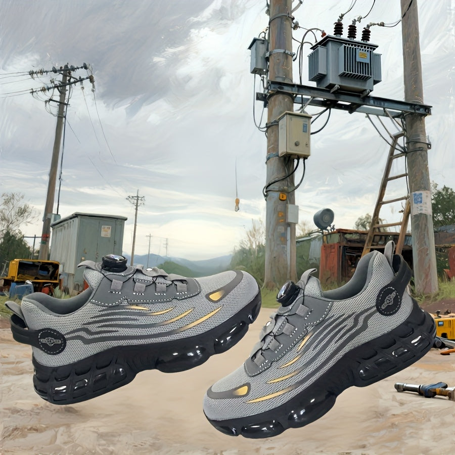 Steel Toe Work Shoes for Men & Women – Lightweight Breathable Safety Sneakers with Anti-Slip Sole, Low-Top Round Toe – Ideal for Construction, Warehouse, Outdoor & Camping (Black/Grey, US 5–12.5)