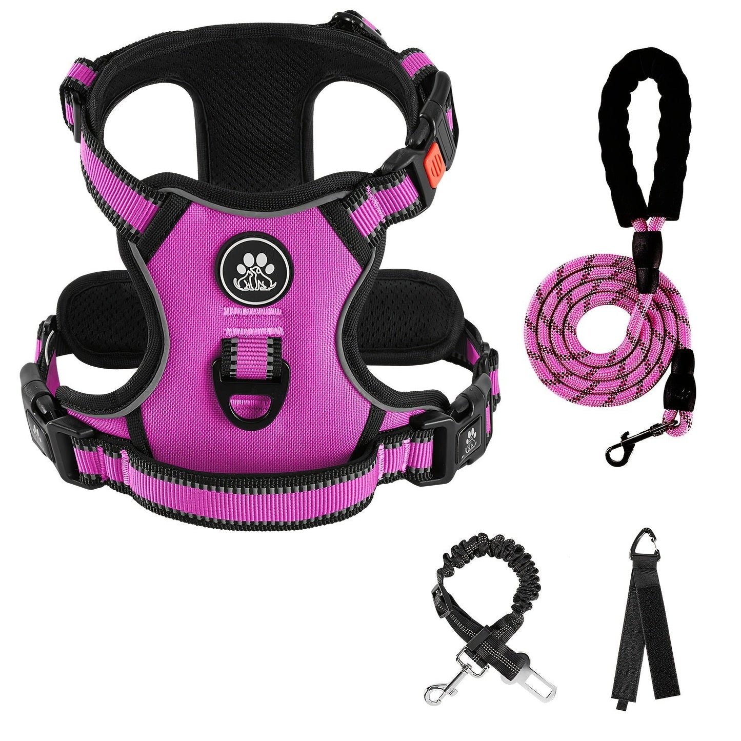 No Pull Dog Harness Set with Leash Retractable Seatbelt & Collar – Fully Reflective Adjustable Breathable Vest Harness with Handle for Small & Large Dogs XS–XL