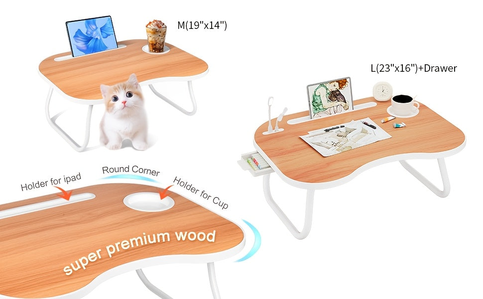 Lap Desk for Laptop with USB Port Storage Drawer & Cup Holder – Walnut Wood Bed Tray Table for Eating Writing Sofa Couch Adults Students