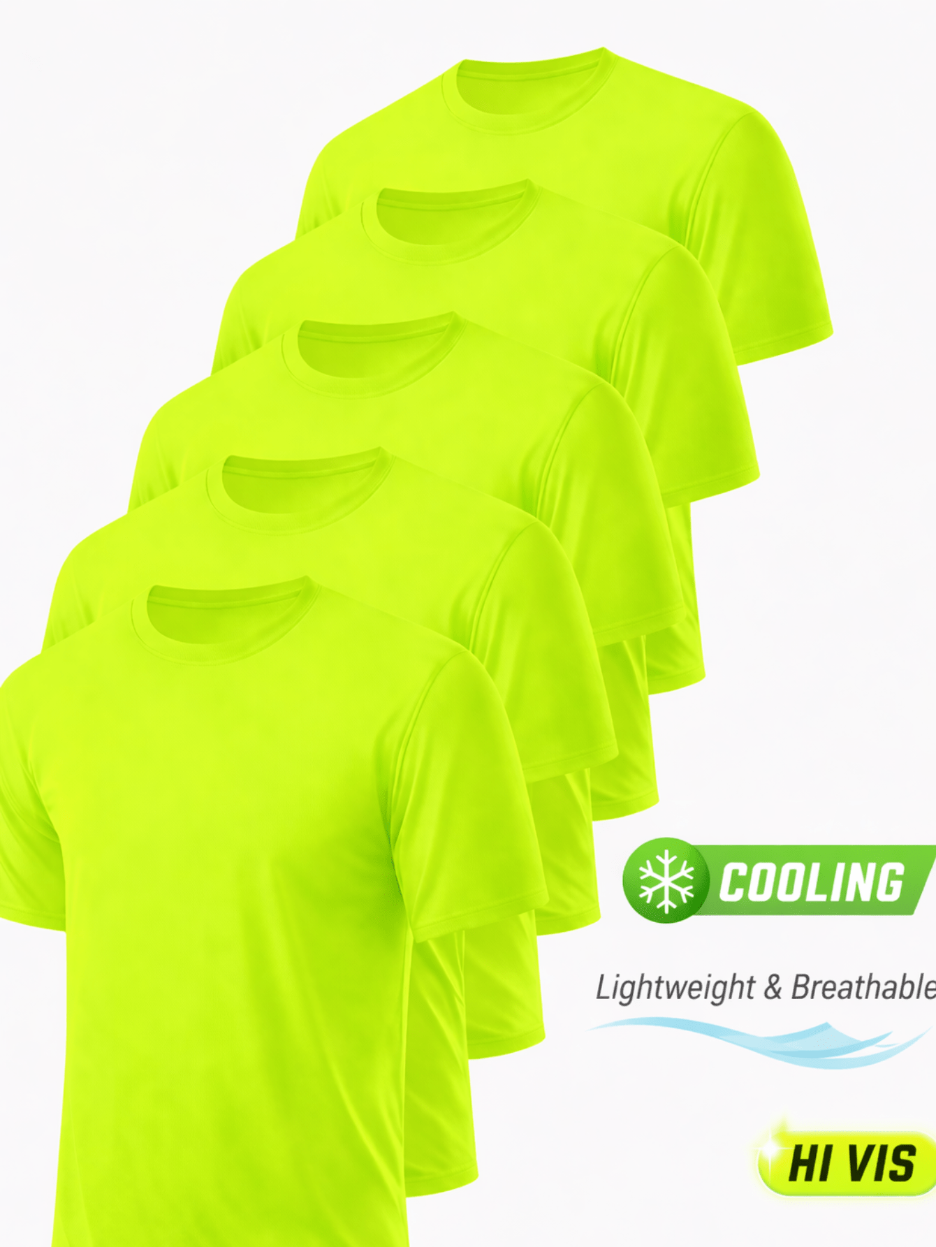 5-Pack Men's UPF 50+ Safety Work Shirts – Quick Dry Breathable Performance Tees for Outdoor Jobs, Fluorescent Yellow High Visibility, S-XXXL, Gift for Dad