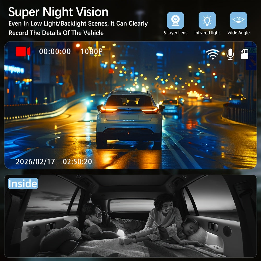 Dash Cam Front and Rear 1080P HD Dual Camera with Night Vision, 170° Wide Angle, ADAS, G-Sensor, Loop Recording, 24Hr Parking Mode, 2" IPS Screen
