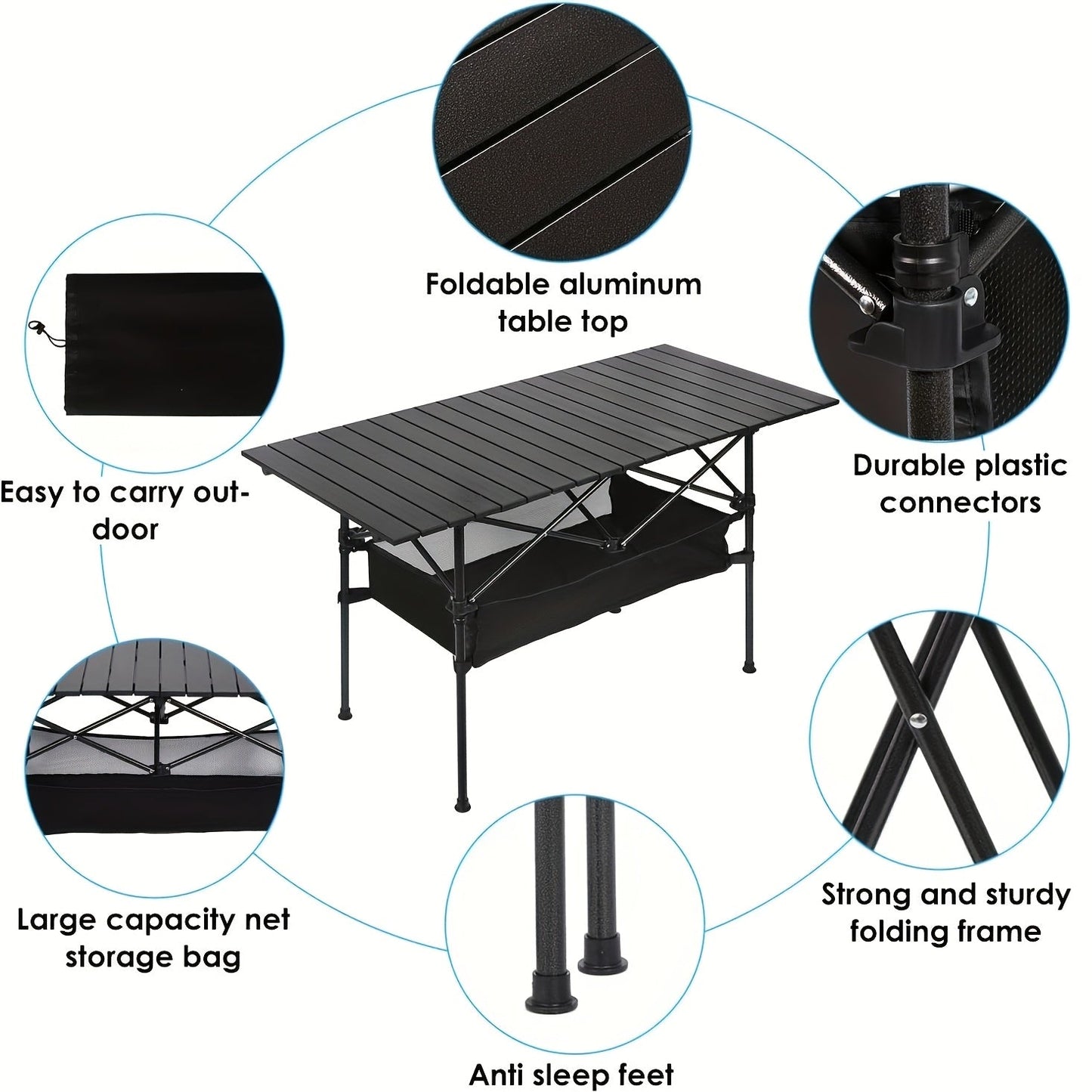 Portable Folding Camping Table Aluminum Lightweight Outdoor Picnic Table with Mesh Storage Bag & Carry Bag – Height Adjustable 37.4", Easy to Store, for Camping, Beach, Backyard, BBQ, Party & Patio