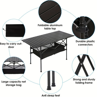 Portable Folding Camping Table Aluminum Lightweight Outdoor Picnic Table with Mesh Storage Bag & Carry Bag – Height Adjustable 37.4", Easy to Store, for Camping, Beach, Backyard, BBQ, Party & Patio