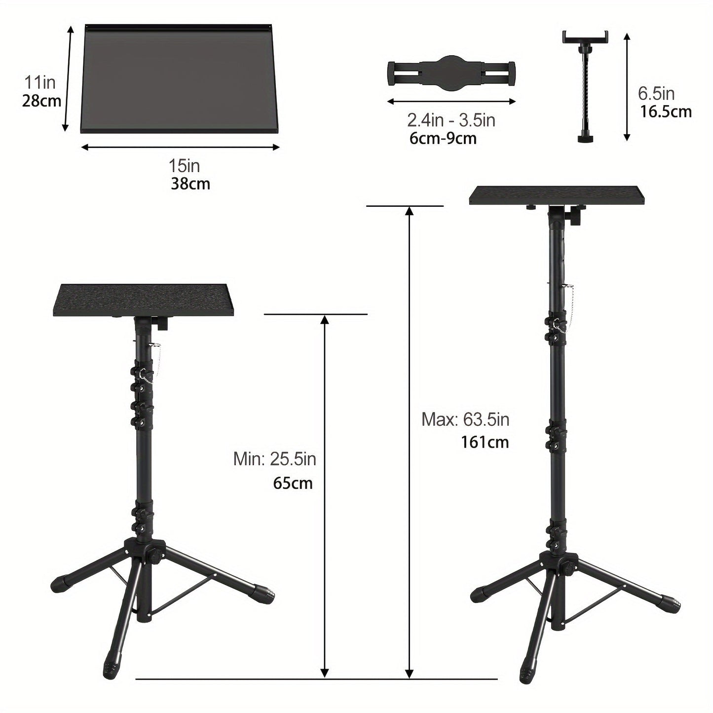 Projector & Laptop Tripod Stand – Height Adjustable with Gooseneck Phone Holder, 180° Tilt Tray, 22 lb Capacity, Portable Floor Stand for Office Home Stage Studio & DJ