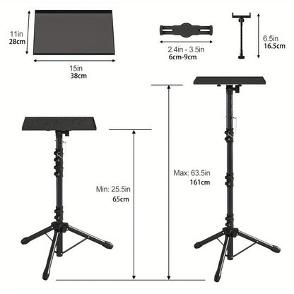 Projector & Laptop Tripod Stand – Height Adjustable with Gooseneck Phone Holder, 180° Tilt Tray, 22 lb Capacity, Portable Floor Stand for Office Home Stage Studio & DJ