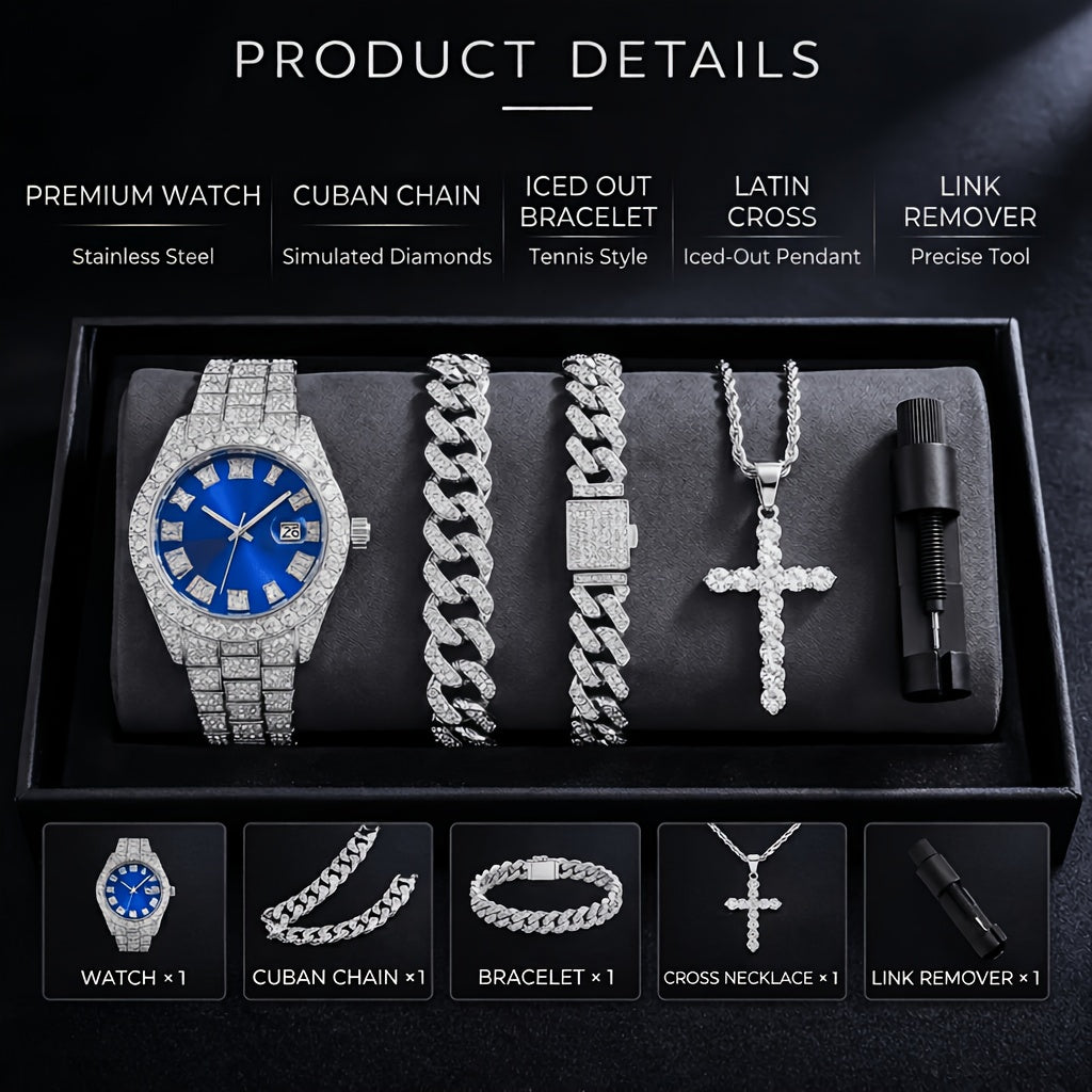 4pcs Rhinestone Watch & Cross Pendant Jewelry Set Quartz Analog Wrist Watch Necklace Bracelet Earrings Unisex Gift for Him Her Wedding