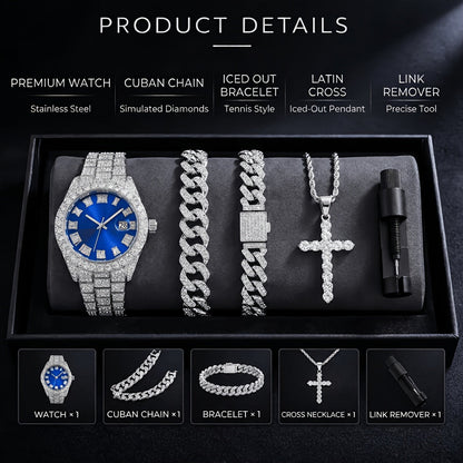 4pcs Rhinestone Watch & Cross Pendant Jewelry Set Quartz Analog Wrist Watch Necklace Bracelet Earrings Unisex Gift for Him Her Wedding