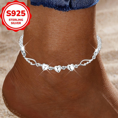 925 Sterling Silver Angel Wings Anklet for Women – Love Heart Charm Chain Anklet, Nickel-Free Beach Jewelry, Perfect Gift for Her, Birthdays & Valentine’s Day