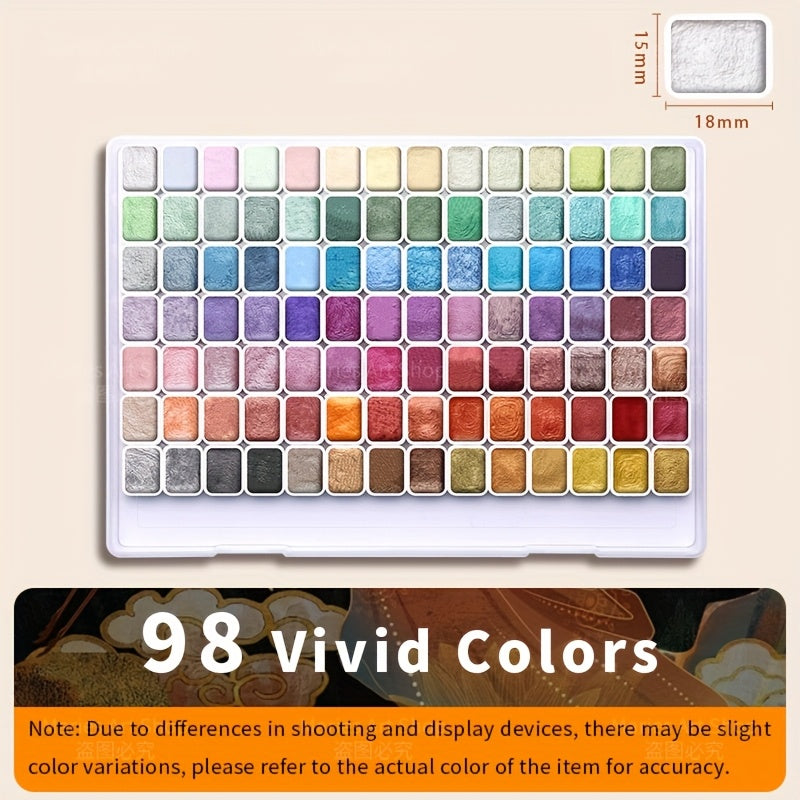 98-Color Metallic Shimmer Watercolor Paint Set Premium Pearl Pigments with Portable Case High Lightfastness for Canvas Illustration Scrapbooking Decoration Art Supplies for Artists Hobbyists