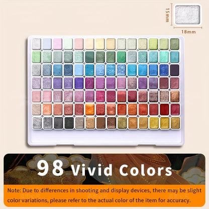 98-Color Metallic Shimmer Watercolor Paint Set Premium Pearl Pigments with Portable Case High Lightfastness for Canvas Illustration Scrapbooking Decoration Art Supplies for Artists Hobbyists