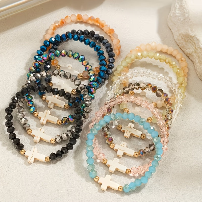 24pc Bohemian Cross Charm Bracelet Set – Colorful Elastic Stretch Bands with Resin & Glass Cross Charms, Bulk Pack for Daily Wear, Vacation, Parties & Holiday Gifting