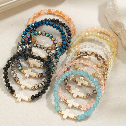 24pc Bohemian Cross Charm Bracelet Set – Colorful Elastic Stretch Bands with Resin & Glass Cross Charms, Bulk Pack for Daily Wear, Vacation, Parties & Holiday Gifting