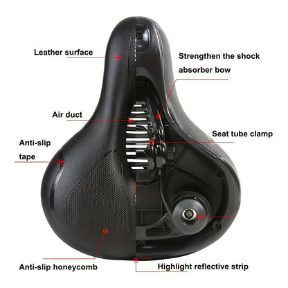 Gel Padded Bike Seat Waterproof Shock-Absorbing Bicycle Saddle – Soft Foam Leather Wide Cushion with Reflective Strip for City, Mountain, Road & Sport Bikes, Universal Fit for Men & Women