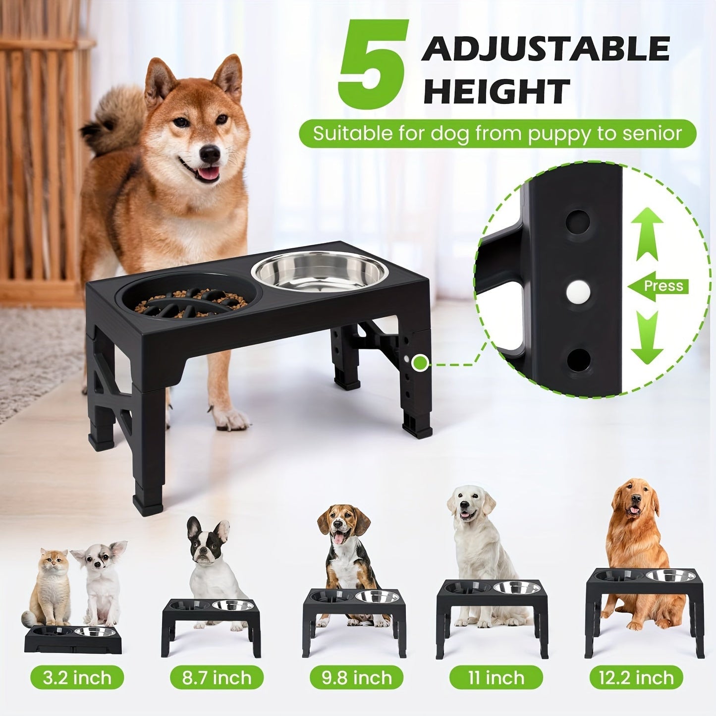 Adjustable Elevated Dog Bowl Stand with 3-Bowl Set – 5 Heights 3.2–12.2 Inch, 2 Stainless Steel Bowls + Slow Feeder Bowl for Small Medium Large Dogs, Raised Feeder in Black or Gray