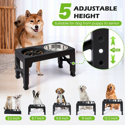 Adjustable Elevated Dog Bowl Stand with 3-Bowl Set – 5 Heights 3.2–12.2 Inch, 2 Stainless Steel Bowls + Slow Feeder Bowl for Small Medium Large Dogs, Raised Feeder in Black or Gray