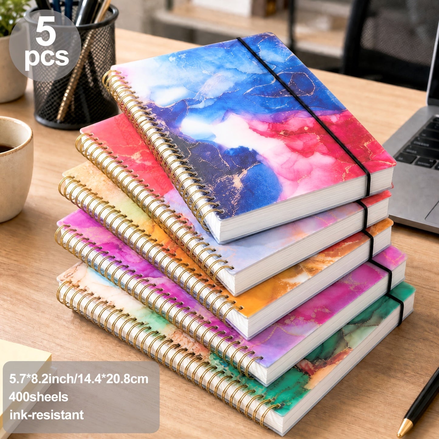 5-Pack Marble Hardcover Spiral Notebook A5 – 400 Sheets No-Bleed Thick Paper Journal Set for Work, School & Journaling, Back-to-School Supplies, Teacher Appreciation Gift