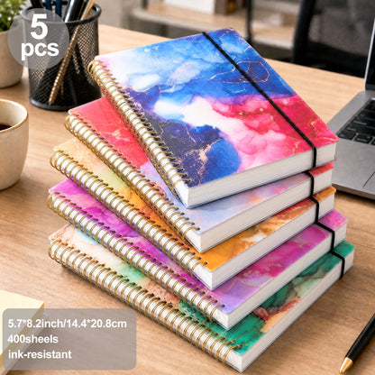 5-Pack Marble Hardcover Spiral Notebook A5 – 400 Sheets No-Bleed Thick Paper Journal Set for Work, School & Journaling, Back-to-School Supplies, Teacher Appreciation Gift