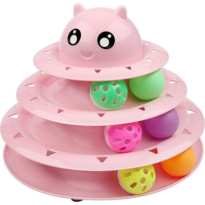 3-Tier Turntable Cat Toy with 6 Colorful Balls – Interactive Mental & Physical Stimulation Toy for Kittens & Cats, Anti-Slip Base, No Battery Needed, Red Green Pink Blue