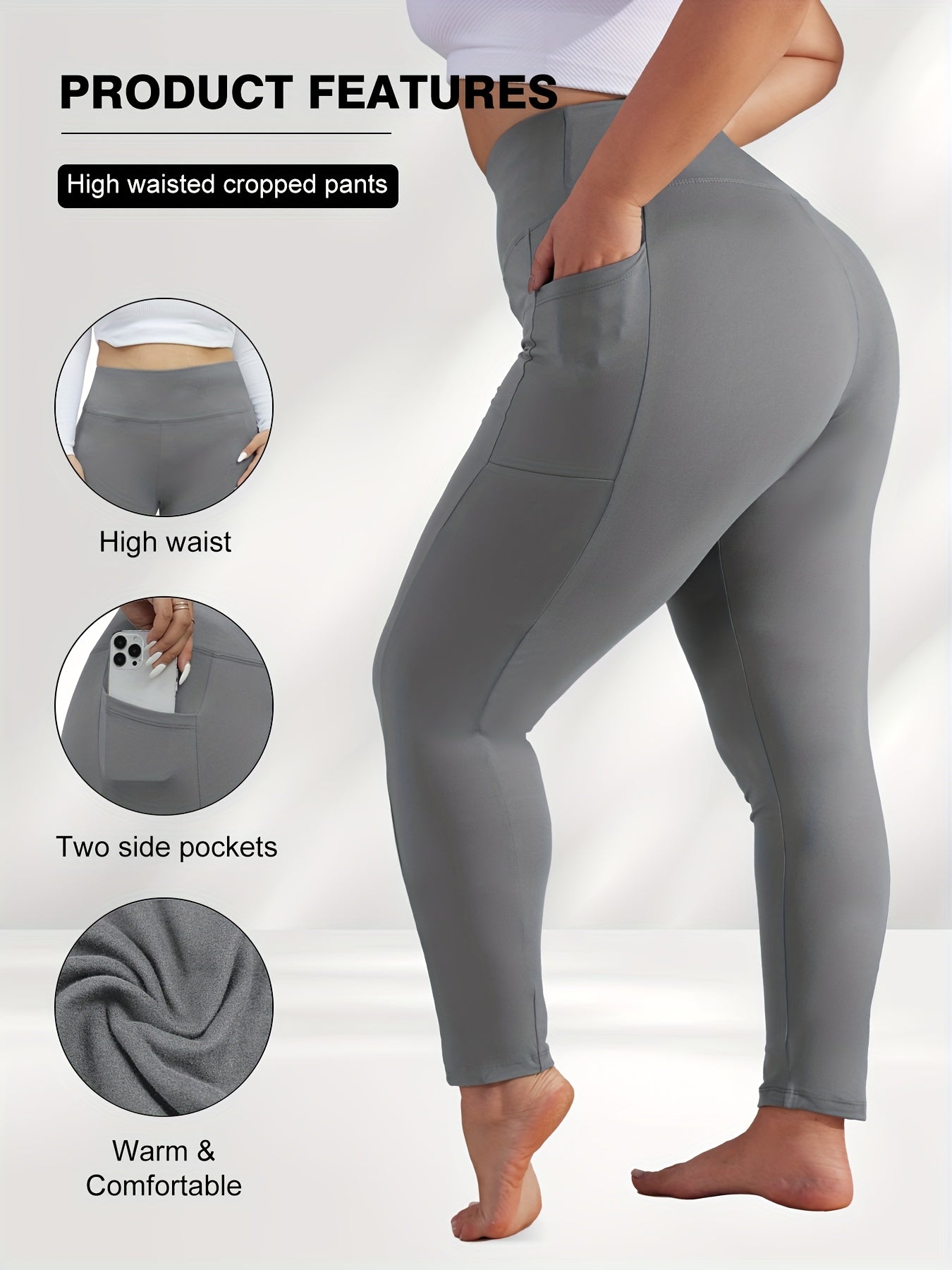 Women's Plus Size Yoga Pants with Pockets – High-Waist Fleece-Lined Warm Leggings for Fall & Winter, Tight-Fitting Elastic Sports Base Layer Pants, Sizes 1XL-5XL in Black, Gray, Burgundy & Navy