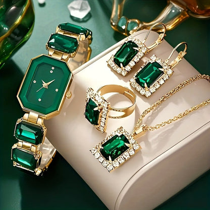 5pc Women's Bohemian Jewelry Set with Square Quartz Watch – Earrings, Ring, Necklace & Bracelet Included, Elegant Boho Accessories for Daily Wear & Parties, 3 Colors
