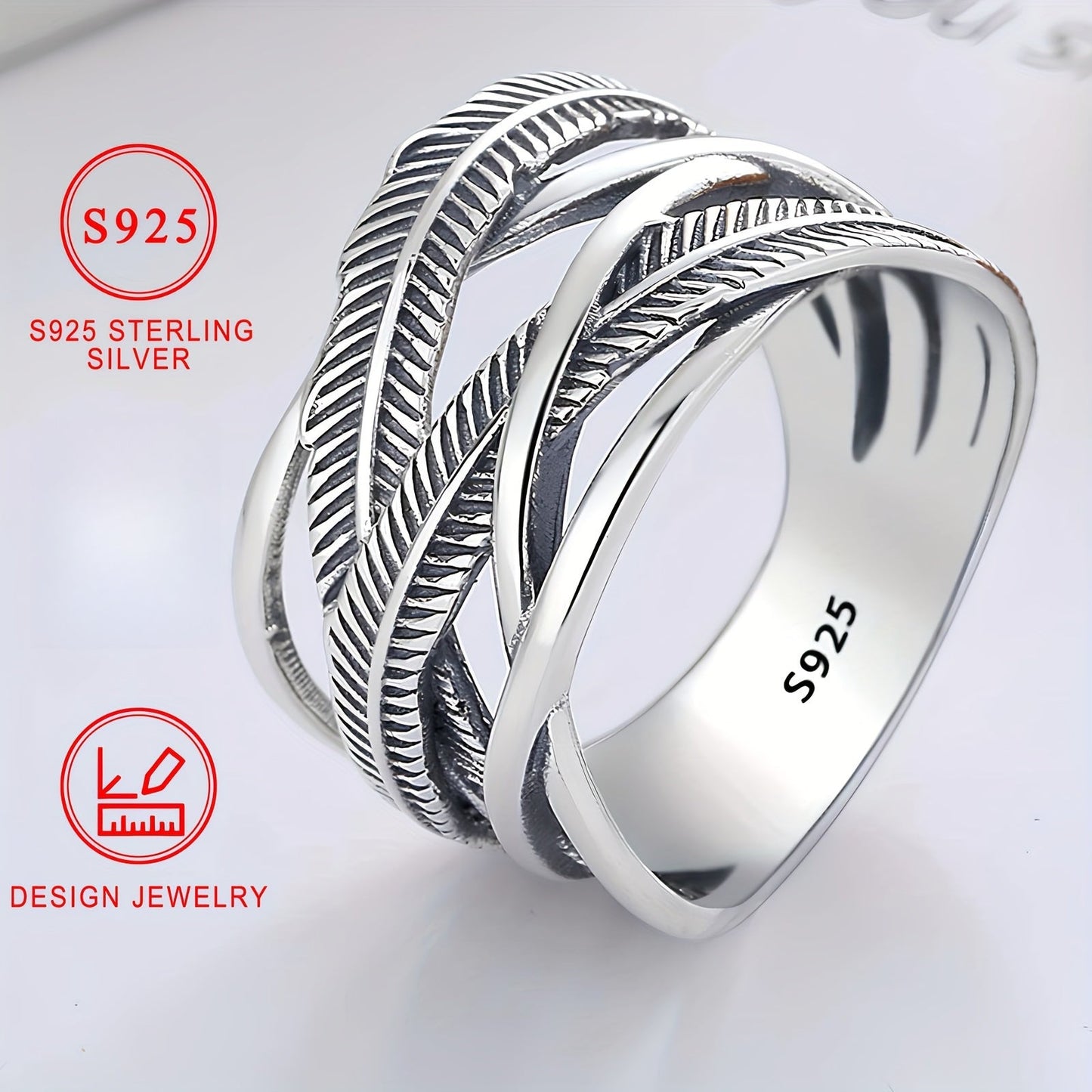 925 Sterling Silver Feather Ring Vintage Hip Hop Infinity Cross Band Fashion Jewelry for Women and Men Sizes 6 7 8 9 10 Daily Wear Gift
