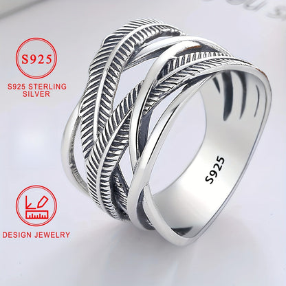 925 Sterling Silver Feather Ring Vintage Hip Hop Infinity Cross Band Fashion Jewelry for Women and Men Sizes 6 7 8 9 10 Daily Wear Gift