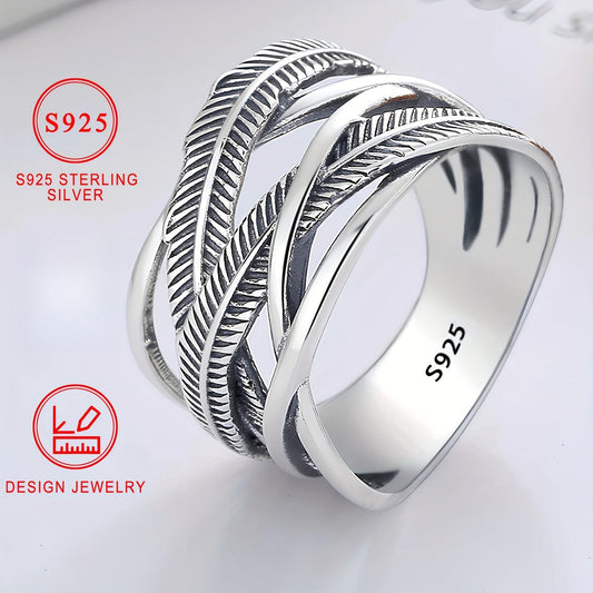 925 Sterling Silver Feather Ring Vintage Hip Hop Infinity Cross Band Fashion Jewelry for Women and Men Sizes 6 7 8 9 10 Daily Wear Gift