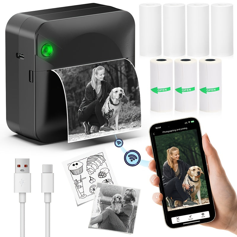 Mini Wireless Thermal Sticker Printer – Inkless Portable Bluetooth Pocket Printer for Photos, Diaries, Notes & Memos, Includes 1 Roll Thermal Paper, Smart Receipt & Label Maker