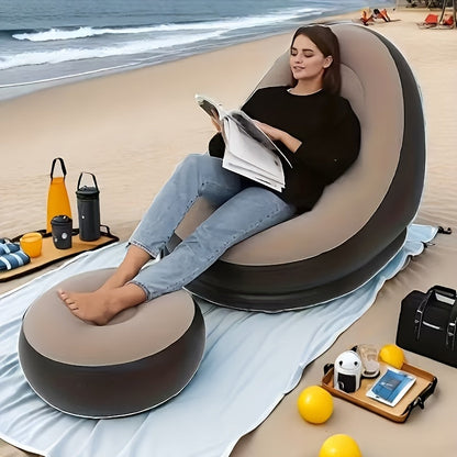 Inflatable Sofa Set 2 Piece Adult Recliner Lounge Chair with Footstool Plush Fabric Heavy Duty Portable Folding Air Couch with Pump Indoor Outdoor Camping Beach Living Room Patio