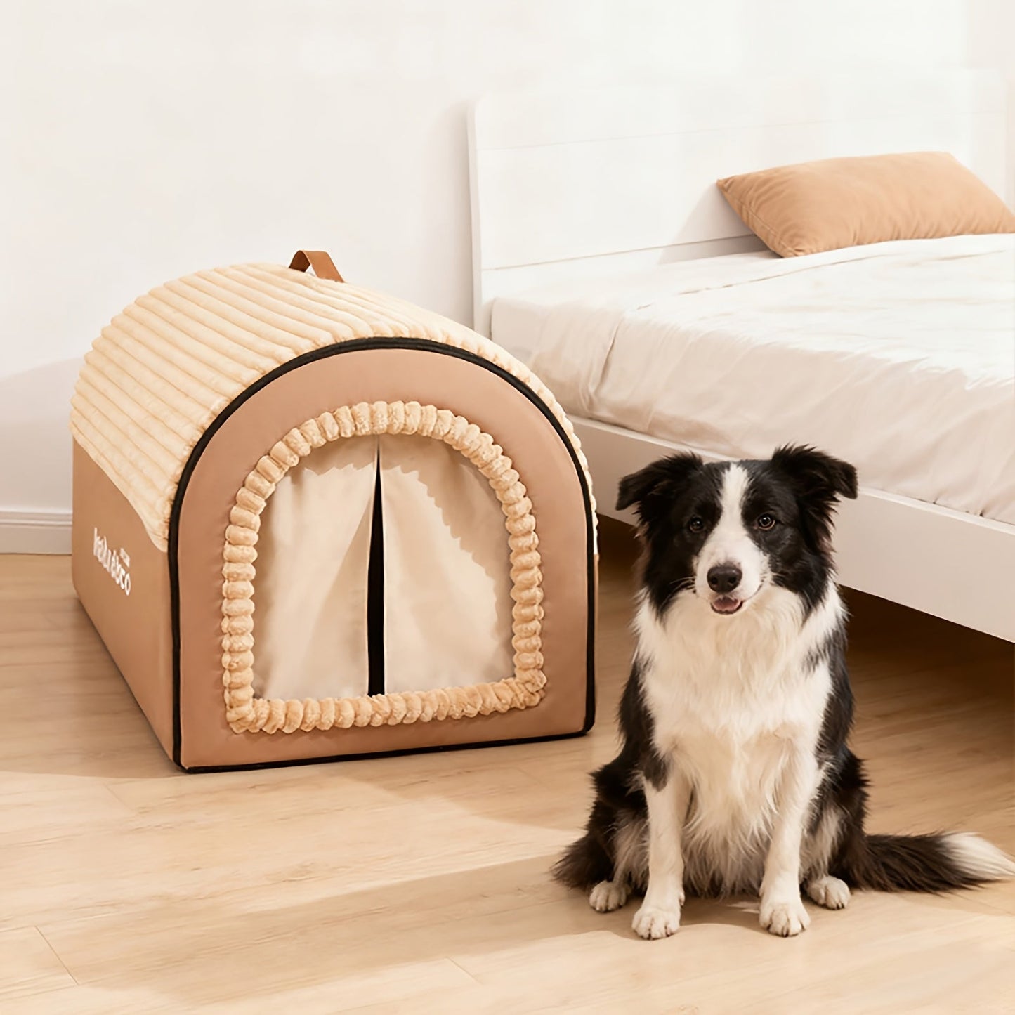 Foldable Dog Bed Cave 2-in-1 All Season – Fully Enclosed Covered Pet House with Handle, Soft Fluffy Non-Slip Washable Nest for Large, Medium & Small Dogs and Cats – Free Drool Bib – Velora