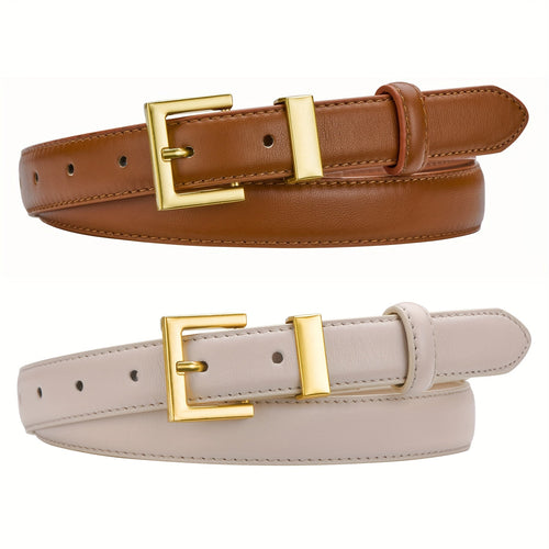 Women's Belts Set of 2 Square Gold Buckle Two-Tone Colors for Jeans Dresses Casual Fashion Outfits – Sizes S to 2XL, Brown Black Beige