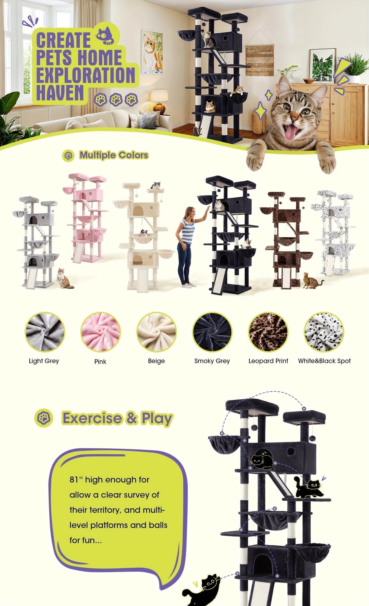 WEEWAY Corner Cat Tree Tower for Indoor Cats 36–81 Inch – Multi-Level Cat Furniture with Sisal Scratching Posts, Condo Cave, Hammock, Ramps, Plush Perches, Basket & Pompom Toys, Perfect Cat Gift