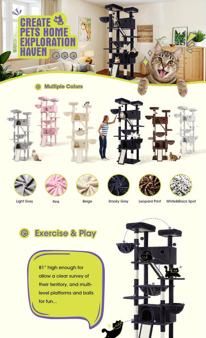 WEEWAY Corner Cat Tree Tower for Indoor Cats 36–81 Inch – Multi-Level Cat Furniture with Sisal Scratching Posts, Condo Cave, Hammock, Ramps, Plush Perches, Basket & Pompom Toys, Perfect Cat Gift