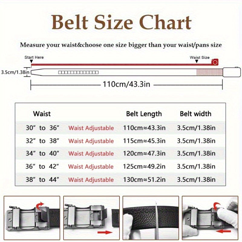 Men's Genuine Leather Belt Automatic Buckle Ratchet Dress Belt for Men – No Hole Slide Buckle, Black Brown, Fits Waist 30" to 44", Formal & Casual Wear