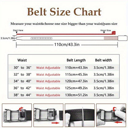Men's Genuine Leather Belt Automatic Buckle Ratchet Dress Belt for Men – No Hole Slide Buckle, Black Brown, Fits Waist 30" to 44", Formal & Casual Wear
